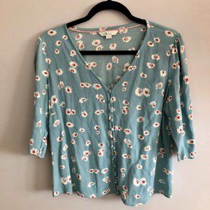 Boden Blue and White Floral Button-down Viscose Blouse